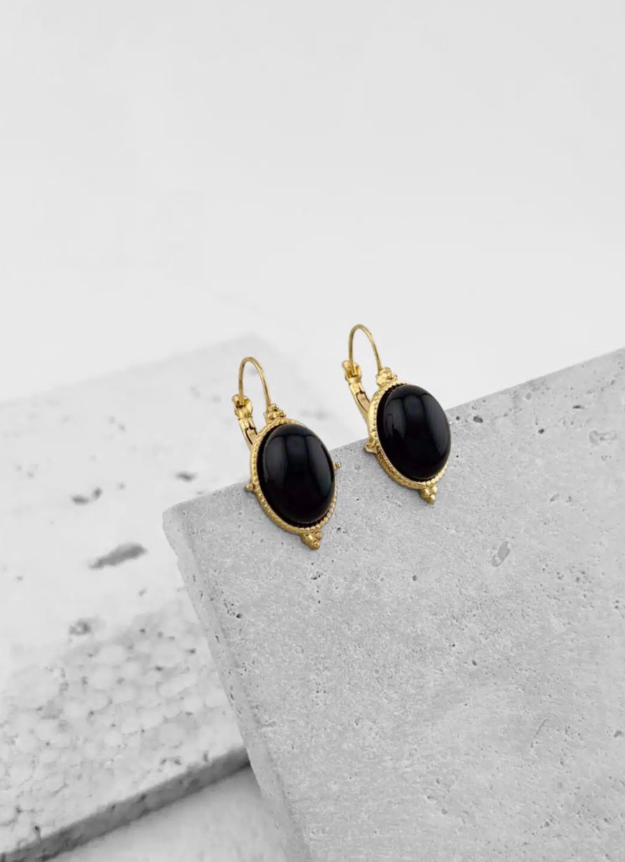 Vintage-Style Black Stone Oval Earrings