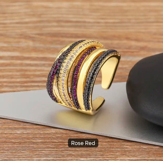 Midnight & Emerald Multi-Row Statement Ring – Gold-Plated