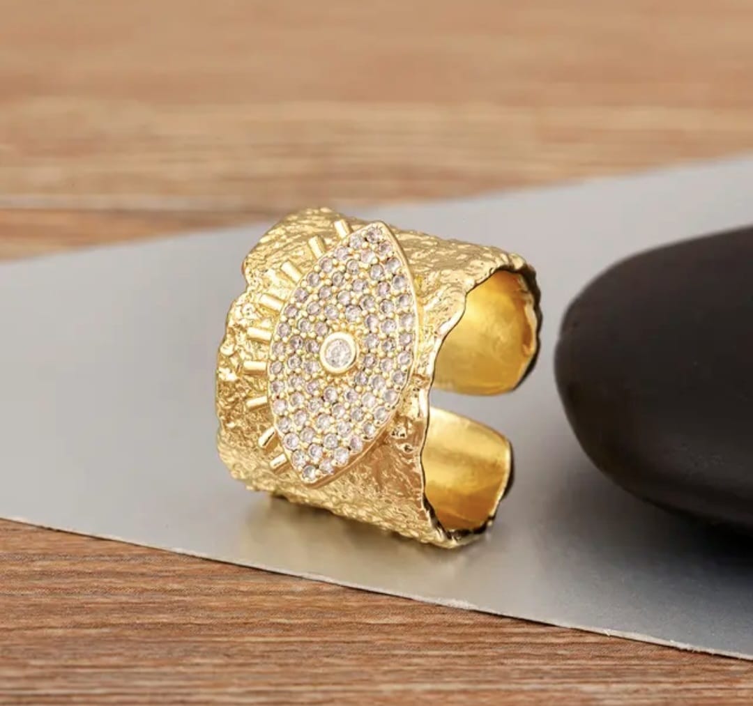 Gold Hammered Evil Eye Ring – Adjustable Statement Band