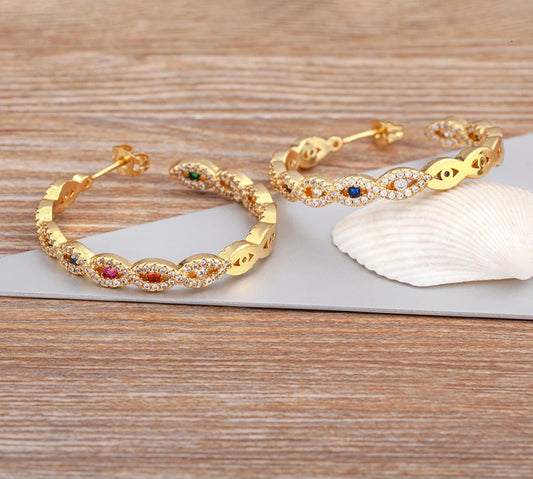 18K Gold Plated Infinity Hoop Earrings with Multicolor Zirconia