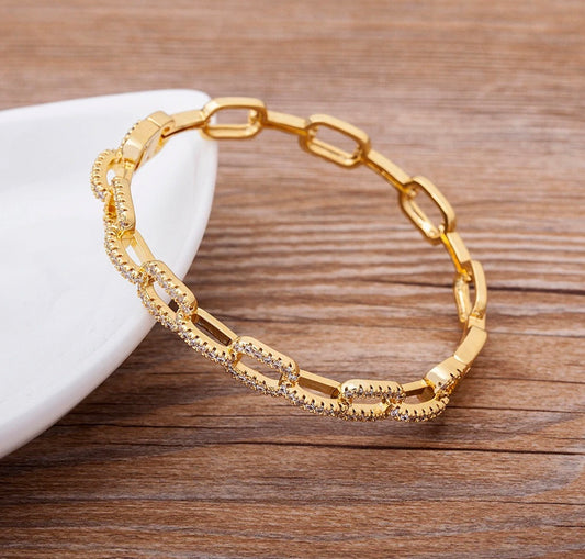 18K Gold Plated Zirconia Rectangular Link Chain Bangle