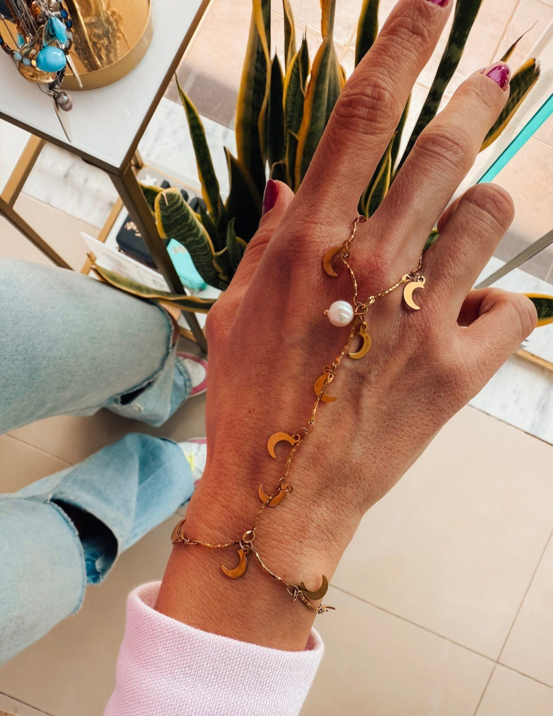 Celestial Moon Finger Bracelet with Pearl Accent
