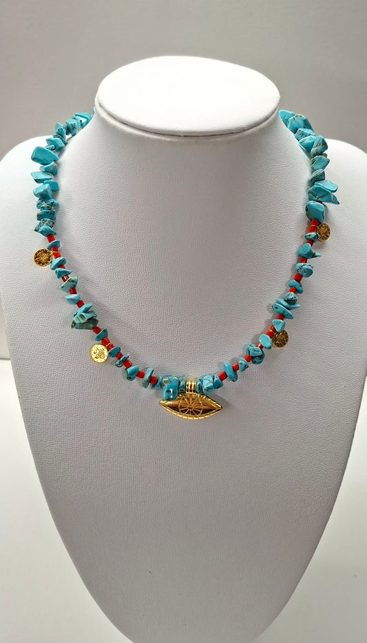 Turquoise and red beaded necklaces with hearts and eye