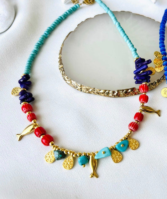 Gold Fish Charm Layering Necklace with Multi-Color Beaded Accents