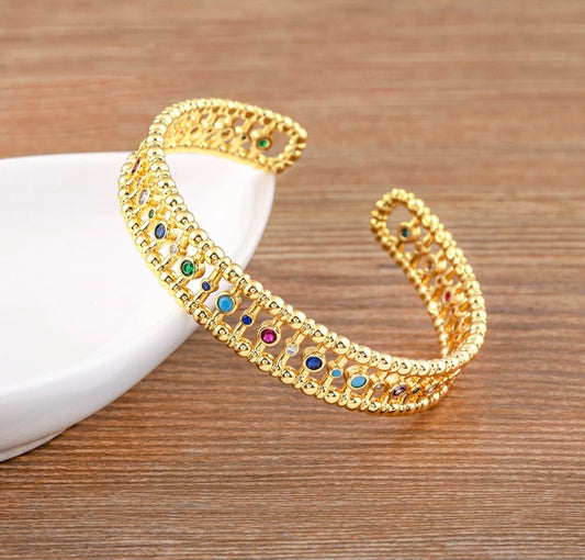 Gold-Plated Multi-Color Zircon Cuff Bracelet