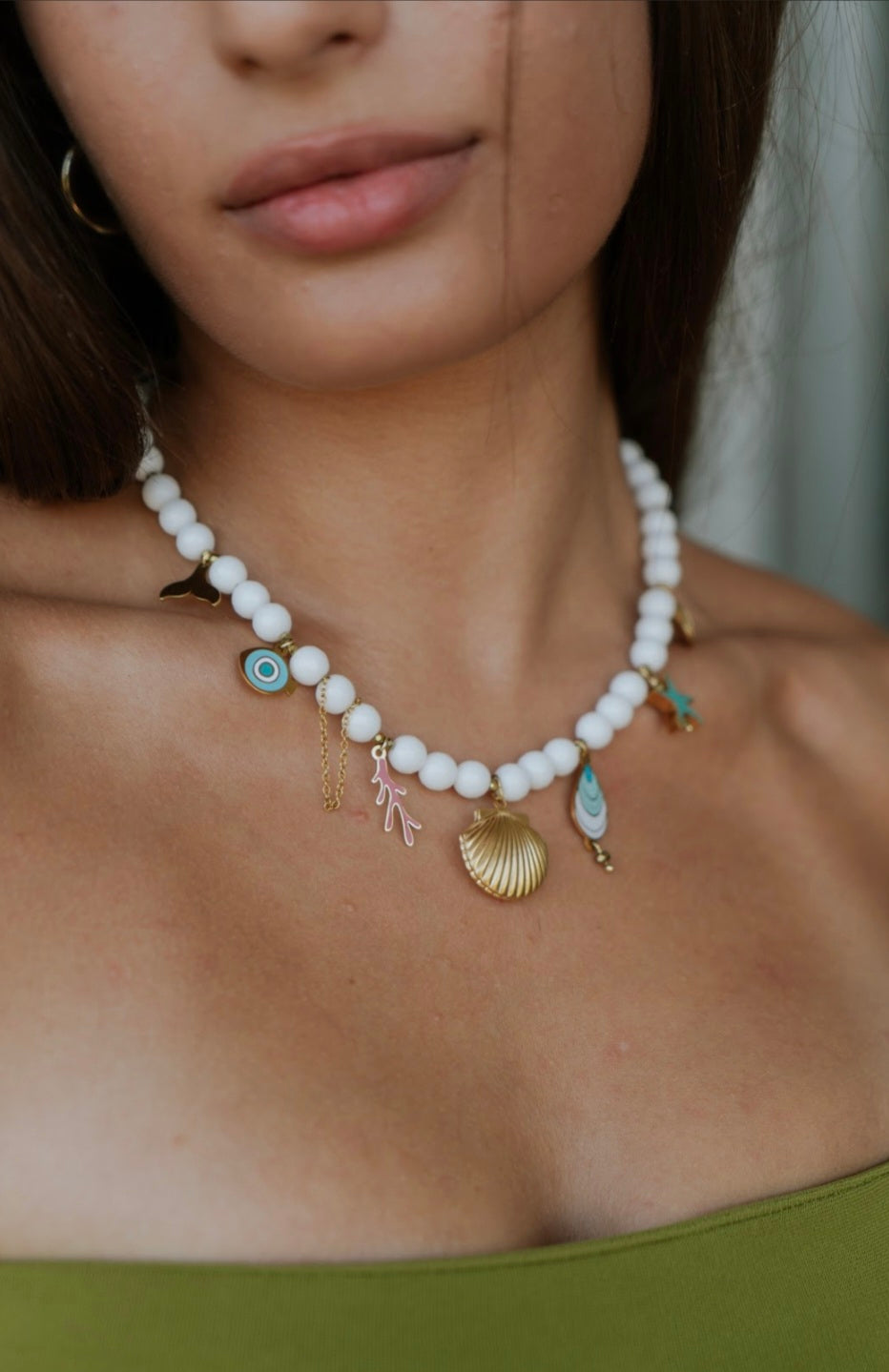 White Jade Beaded Charm Necklace – Stainless Steel Gold Seashell & Evil Eye