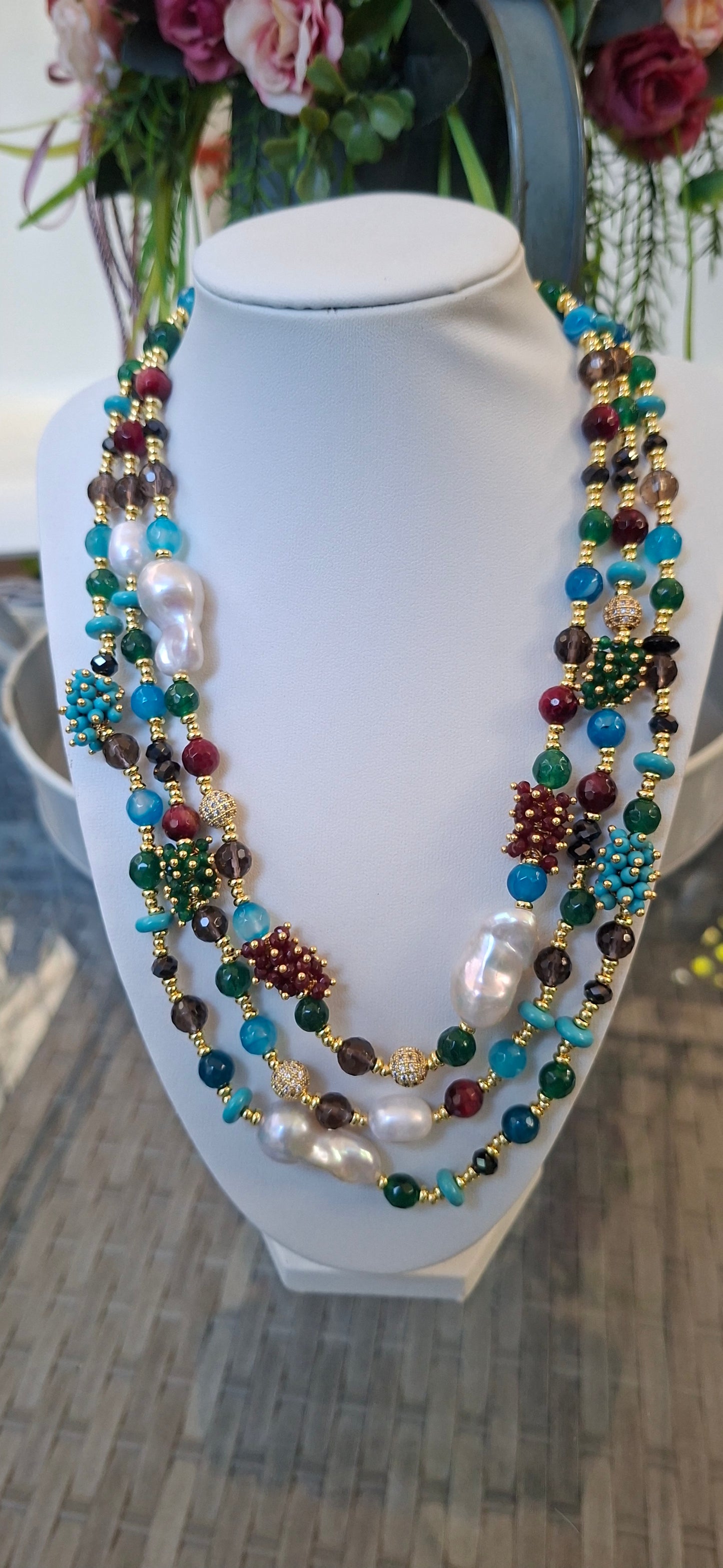 Luxury Mixed Gemstone ,agates & Baroque Pearl Triple Strand Necklace