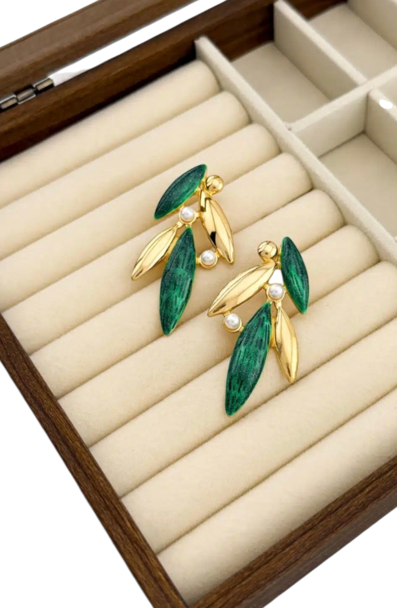 Aura earrings Olive Leaf  Earrings with Pearls