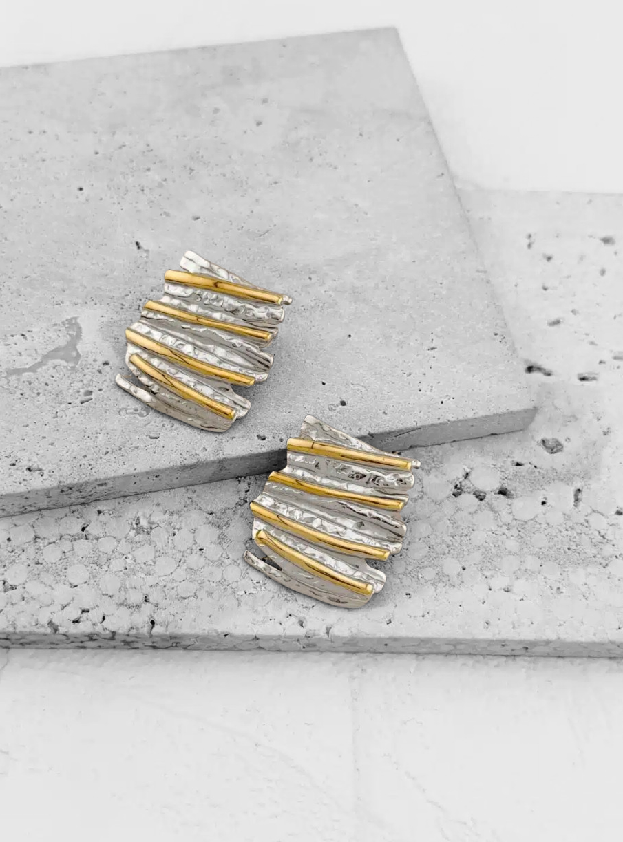 Linear Fusion Two-Tone Statement Stud Earrings