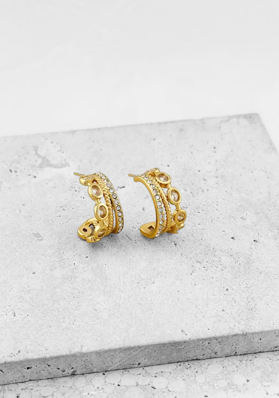 Triple-Row Crystal & Twisted Rope Half-Hoop Earrings