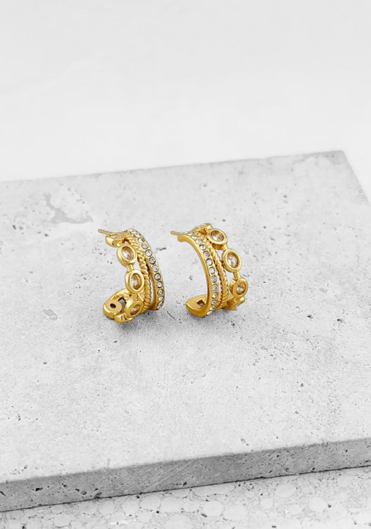 Triple-Row Crystal & Twisted Rope Half-Hoop Earrings