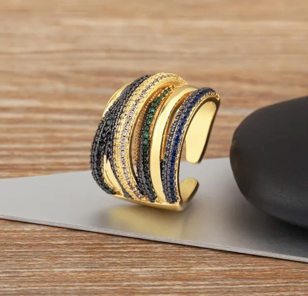 Midnight & Emerald Multi-Row Statement Ring – Gold-Plated