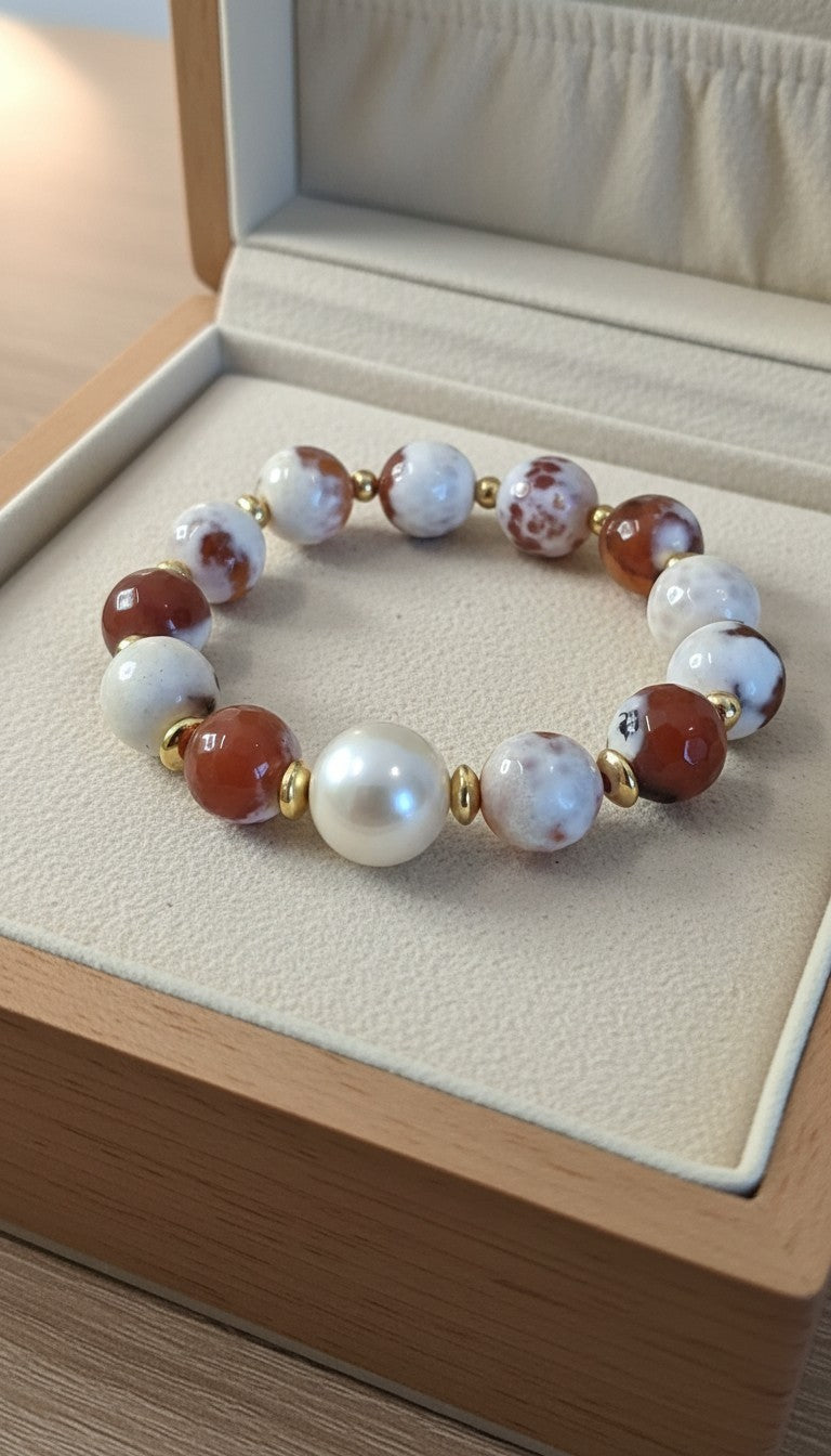 Fina Jewellery stretch bracelet with red and white patterned gemstone beads, gold-tone spacers, and a central pearl.