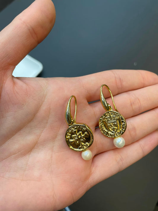 Vintage Coin Drop Earrings with Pearl Accents