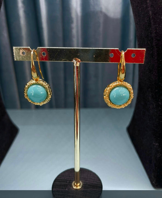 Vintage-Style Gold-Tone Drop Earrings with Turquoise Cabochon