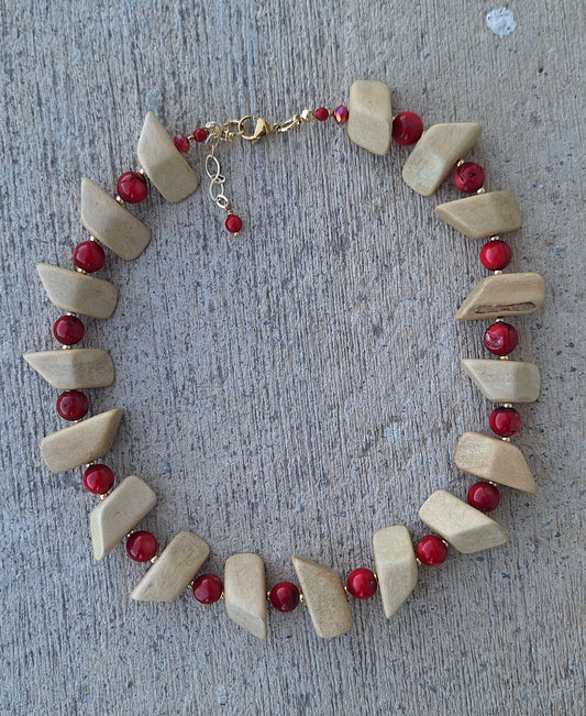 Geometric Wooden Block & Red Coral Beaded Statement Necklace