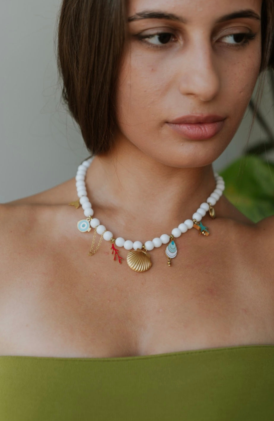 White Jade Beaded Charm Necklace – Stainless Steel Gold Seashell & Evil Eye