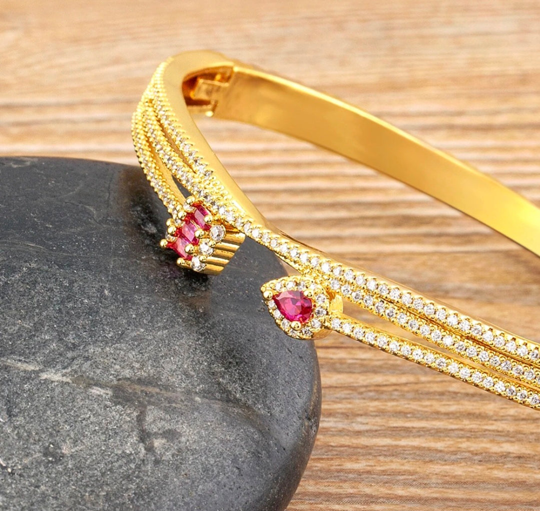 Geometric Bypass Pave Bangle with Emerald & Crystal Accents