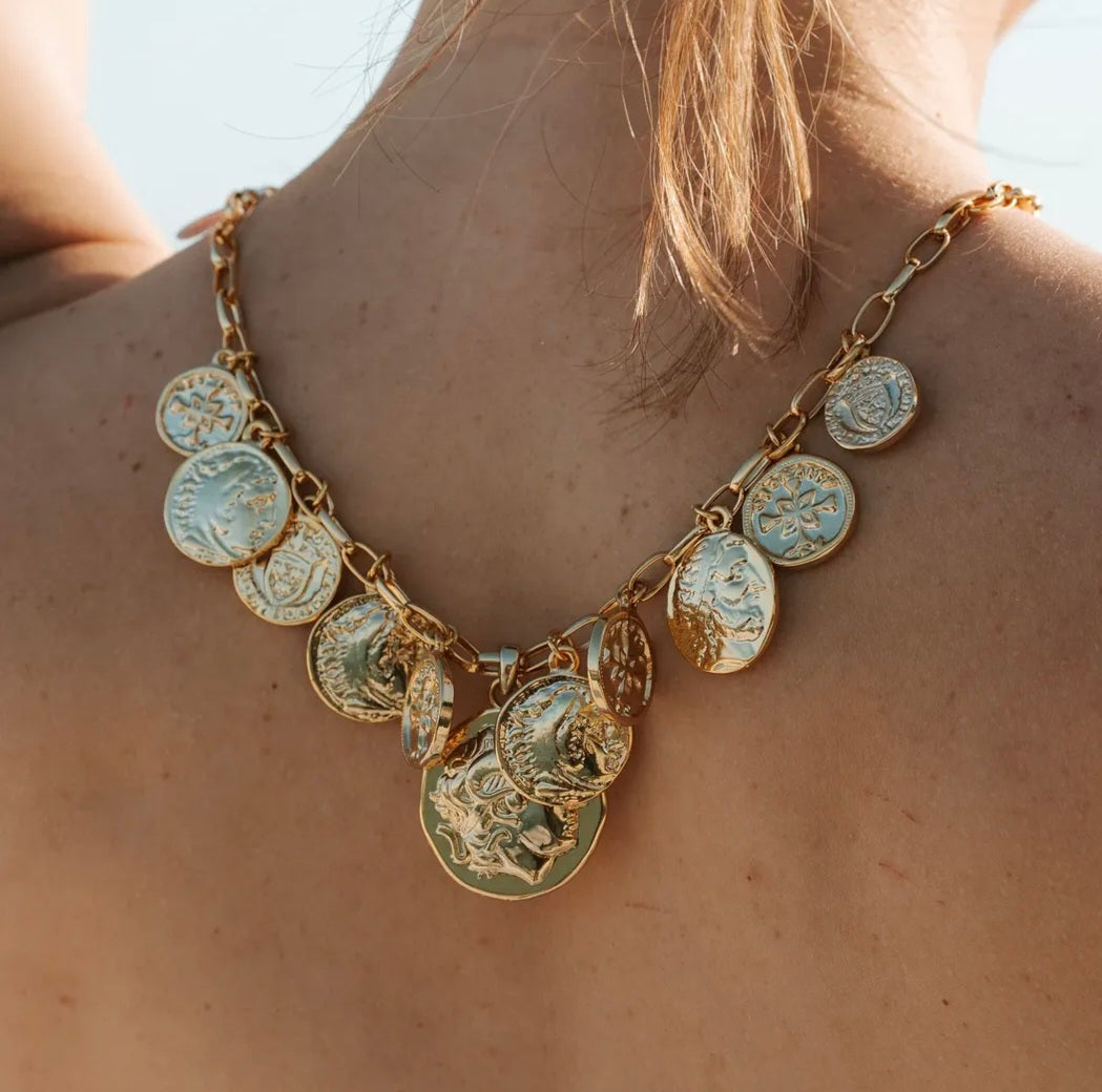 Inspired Roman Coin Statement Necklace in 24K Gold Plated