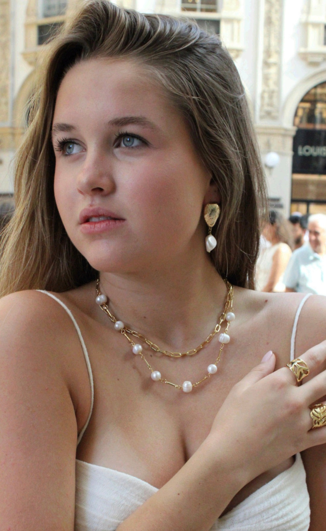 Layered Pearl & Gold Paperclip Chain Necklace