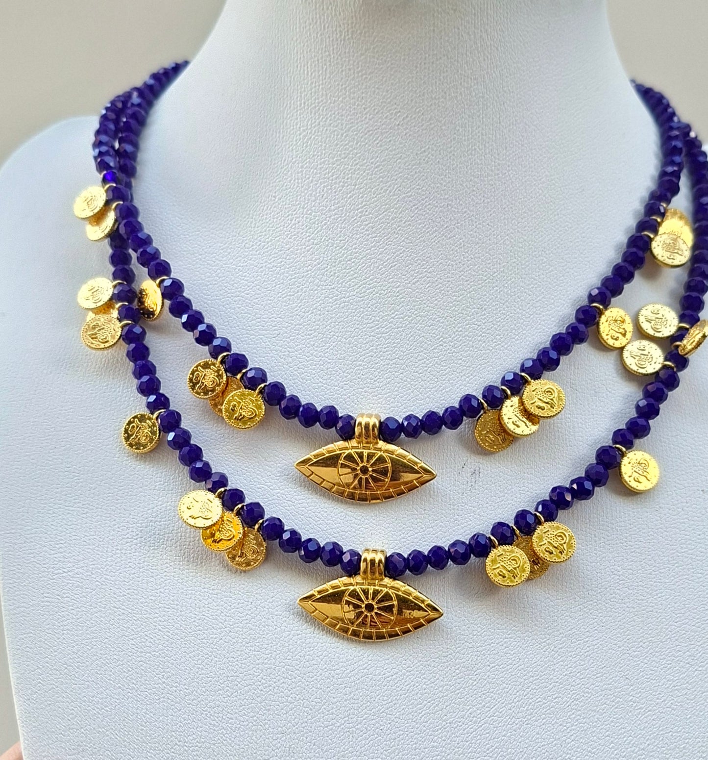 Mediterranean Charm Necklace – Royal Blue & Gold Coin