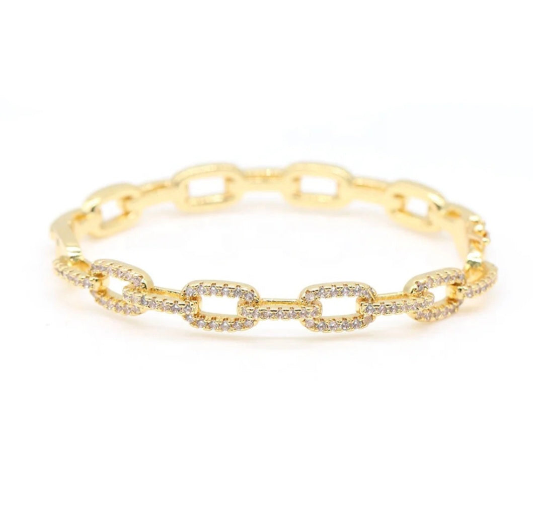 18K Gold Plated Zirconia Rectangular Link Chain Bangle