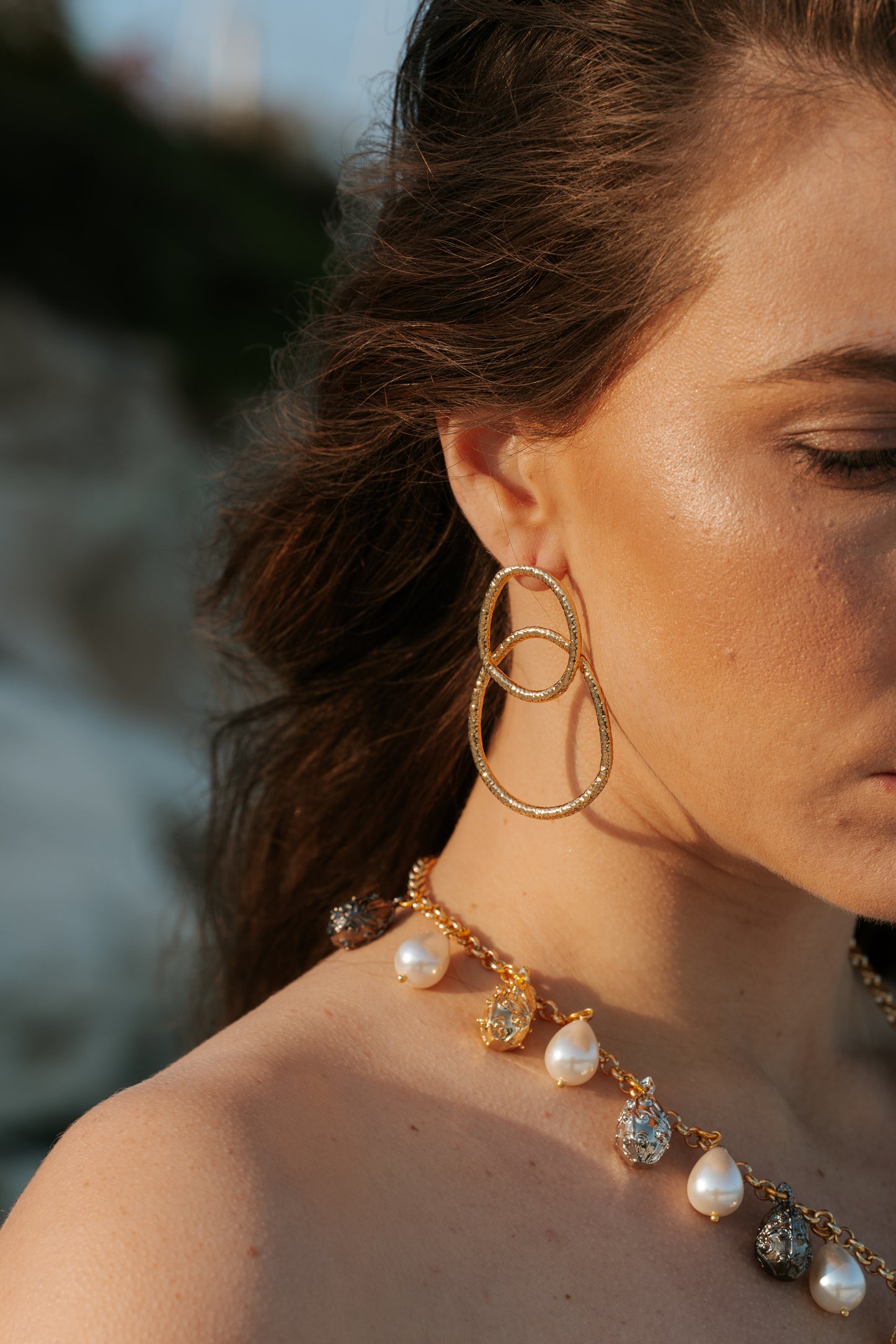 Hammered Double Loop Drop Earrings