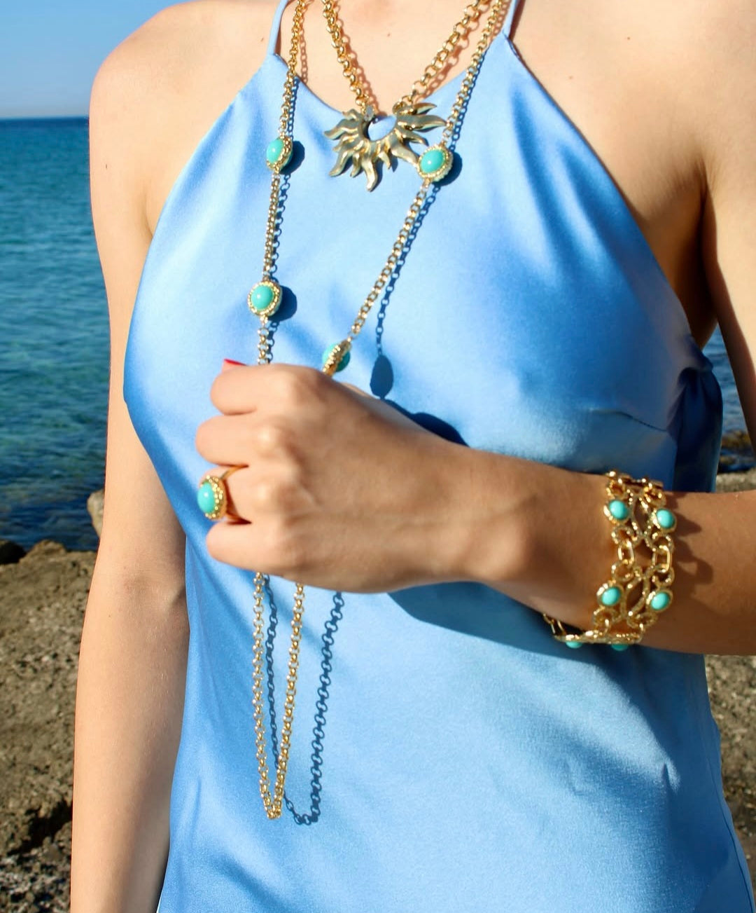 Gold-Plated  ,Turquoise Stone Ring with Textured Edge
