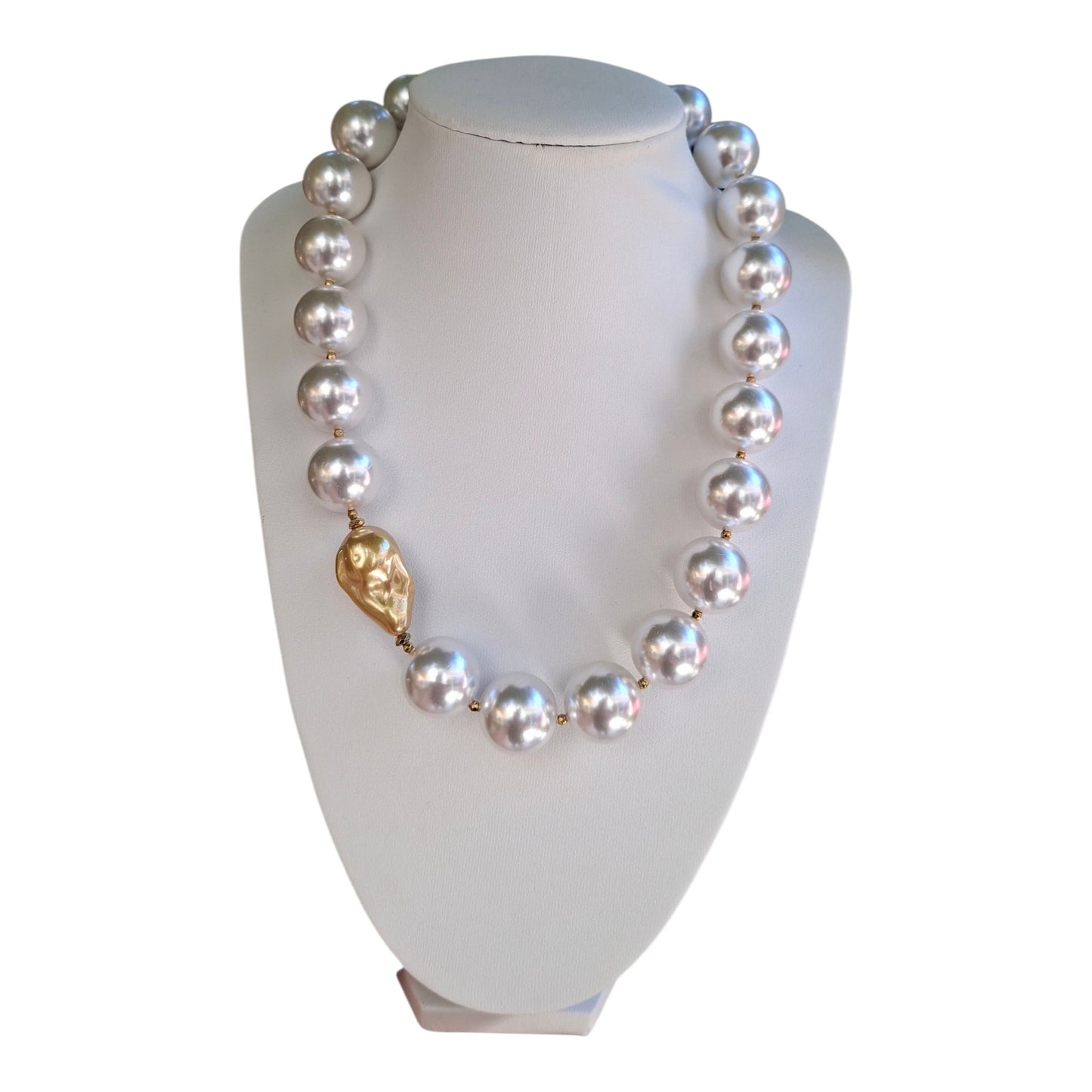 Elegant Shell Pearl Necklace with Gold Baroque Accent Statement Piece