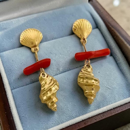 Mediterranean summer with these vibrant Coral and Gold Seashell Drop Earrings.
