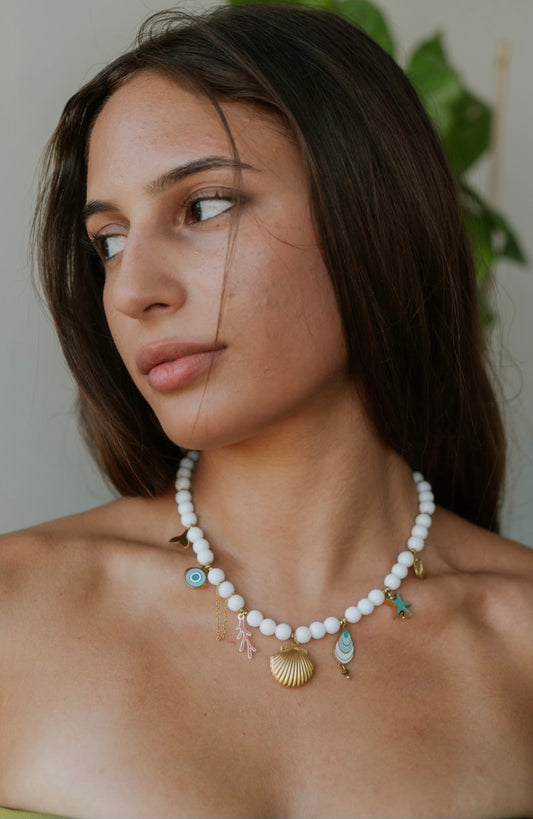 White Jade Beaded Charm Necklace – Stainless Steel Gold Seashell & Evil Eye