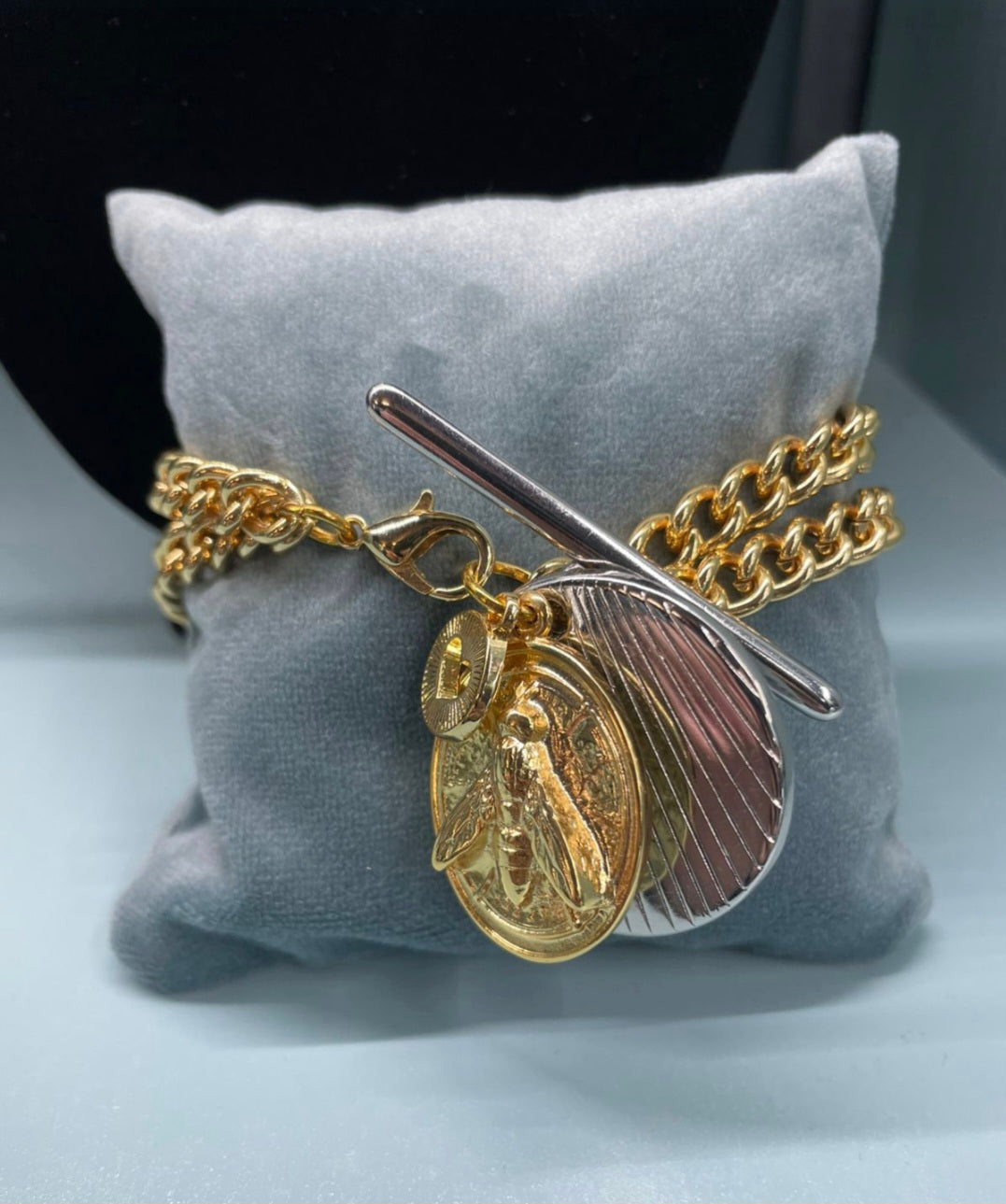 Queen Bee Medallion Double Chain Bracelet – Mixed Metal Statement Piece