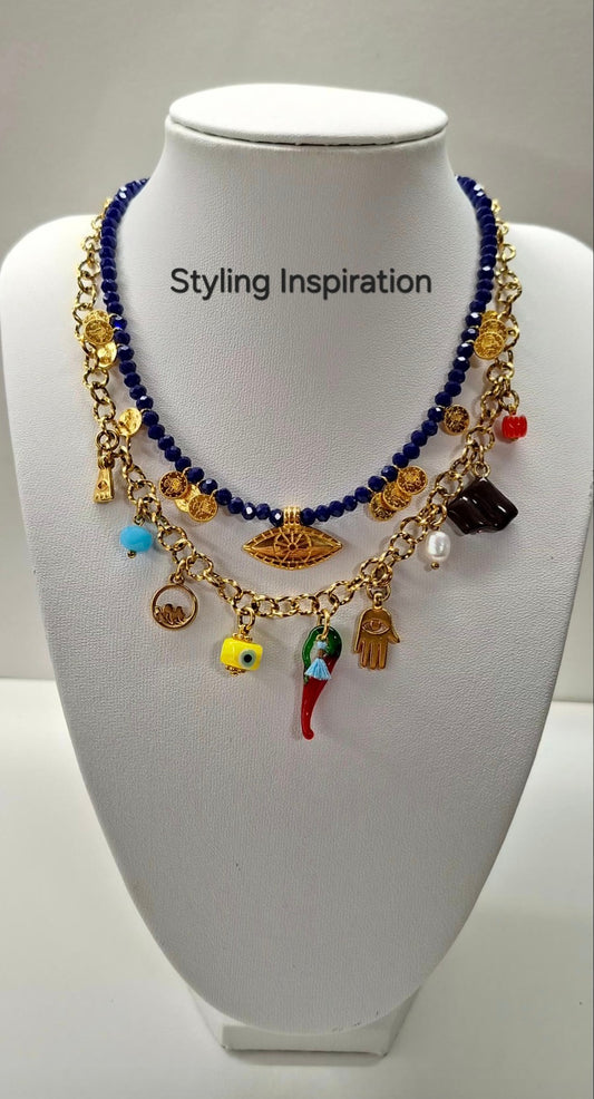 Mediterranean Charm Necklace – Royal Blue & Gold Coin