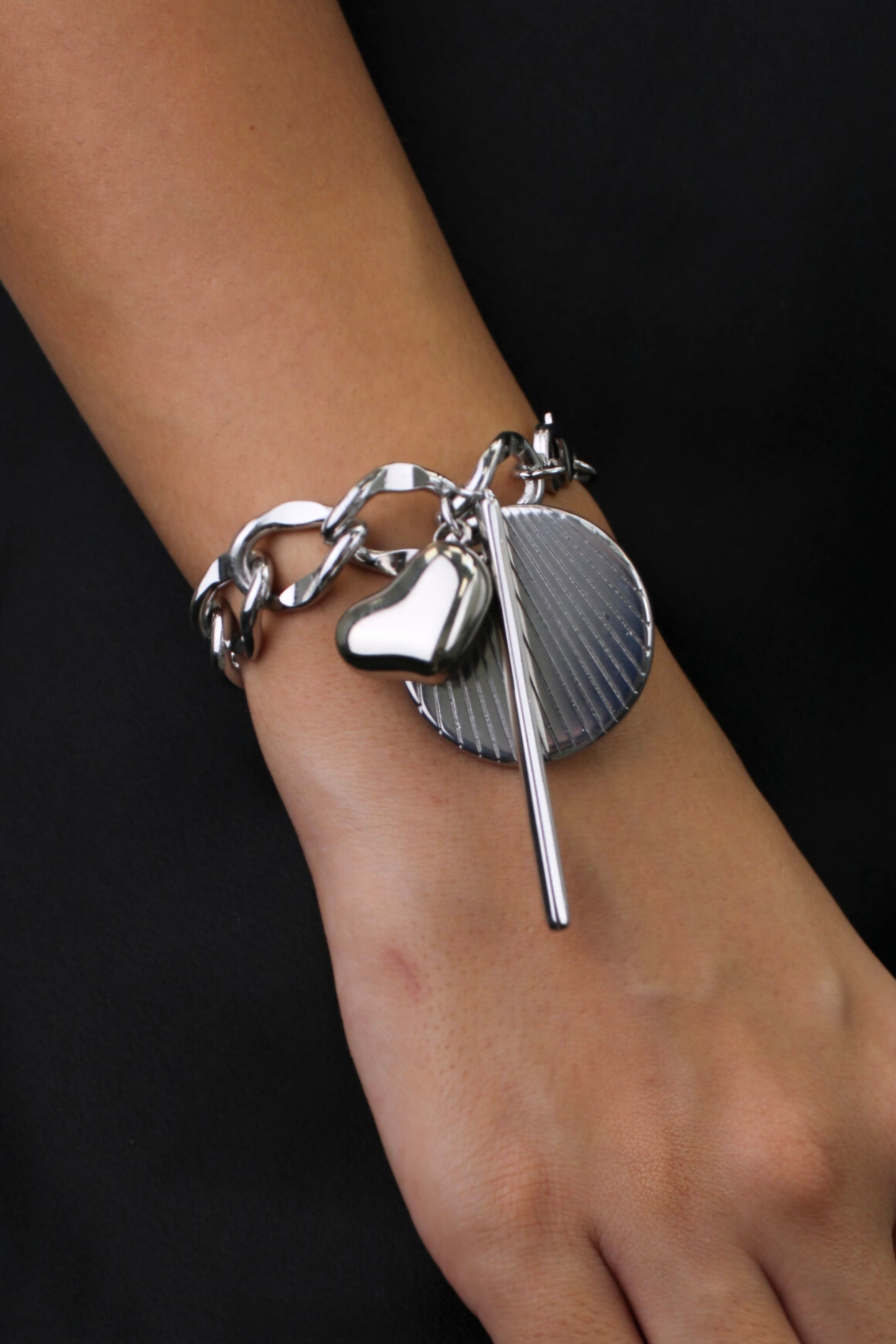 Chunky Silver Charm Chain Bracelet with Heart & Geometric Pendants