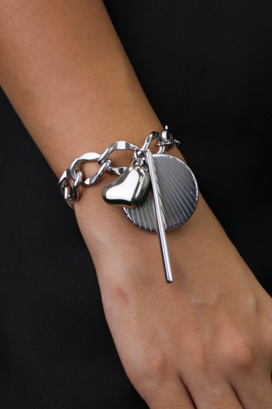 Chunky Silver Charm Chain Bracelet with Heart & Geometric Pendants