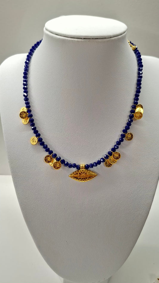 Mediterranean Charm Necklace – Royal Blue & Gold Coin