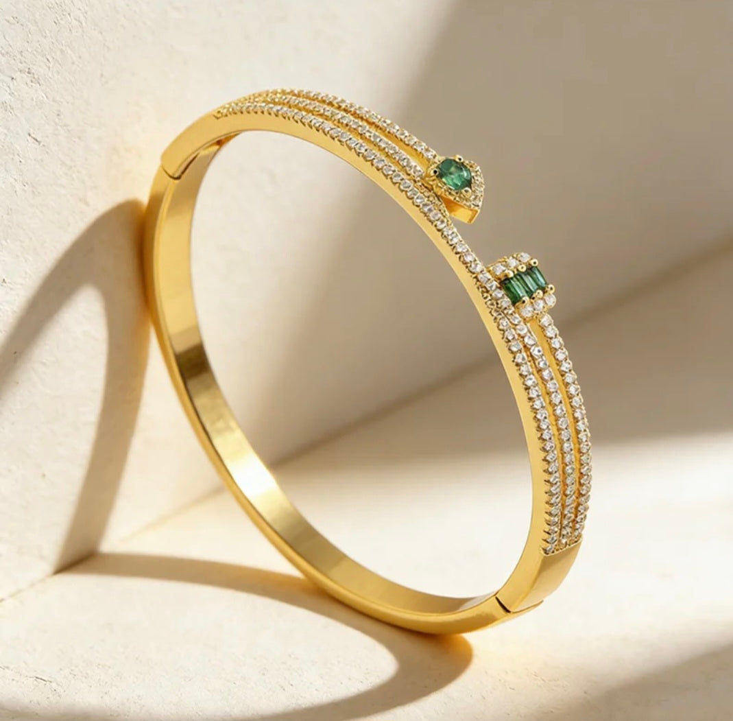 Geometric Bypass Pave Bangle with Emerald & Crystal Accents