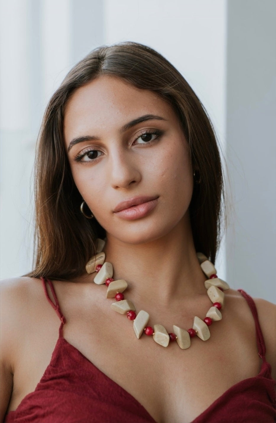 Geometric Wooden Block & Red Coral Beaded Statement Necklace