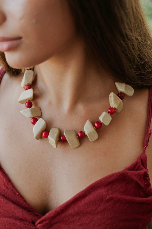 Geometric Wooden Block & Red Coral Beaded Statement Necklace