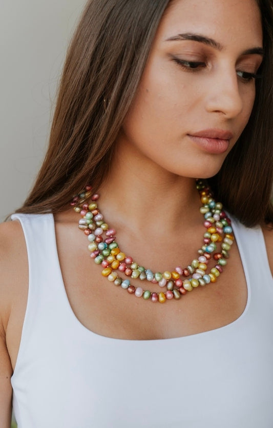 Unique Multi-Strand Multi-Colored  Pearl Necklace