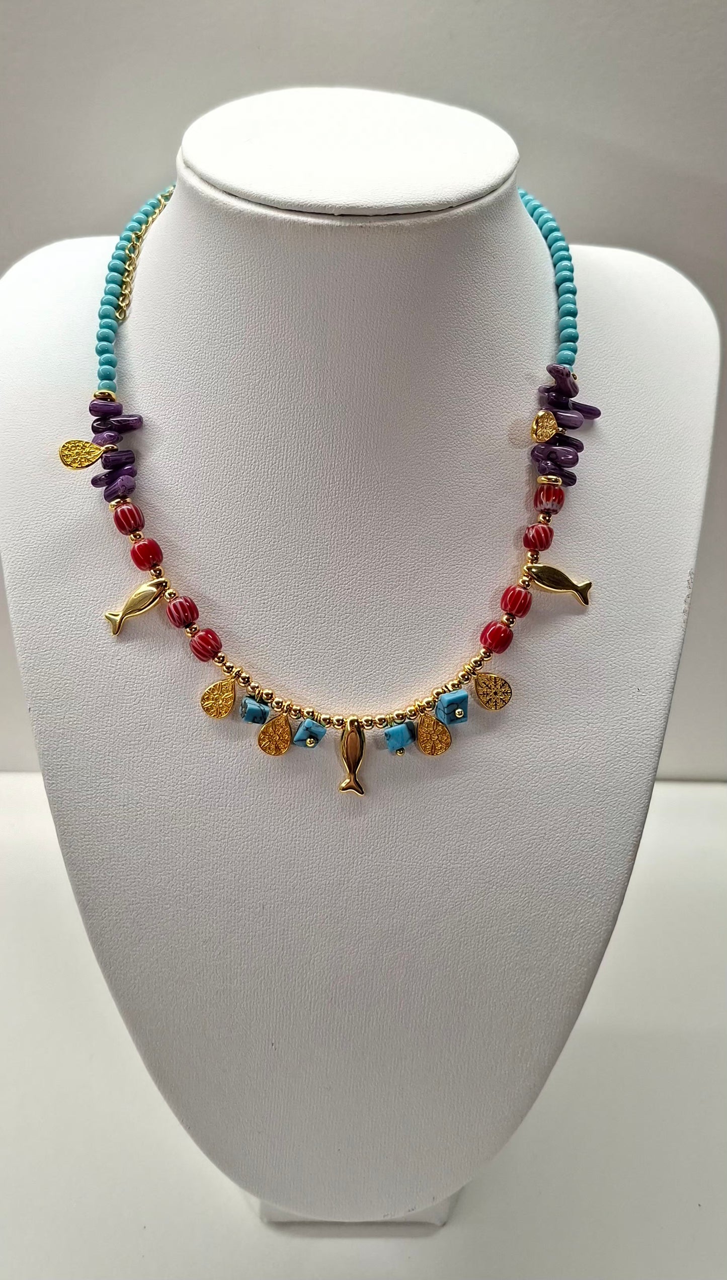Gold Fish Charm Layering Necklace with Multi-Color Beaded Accents