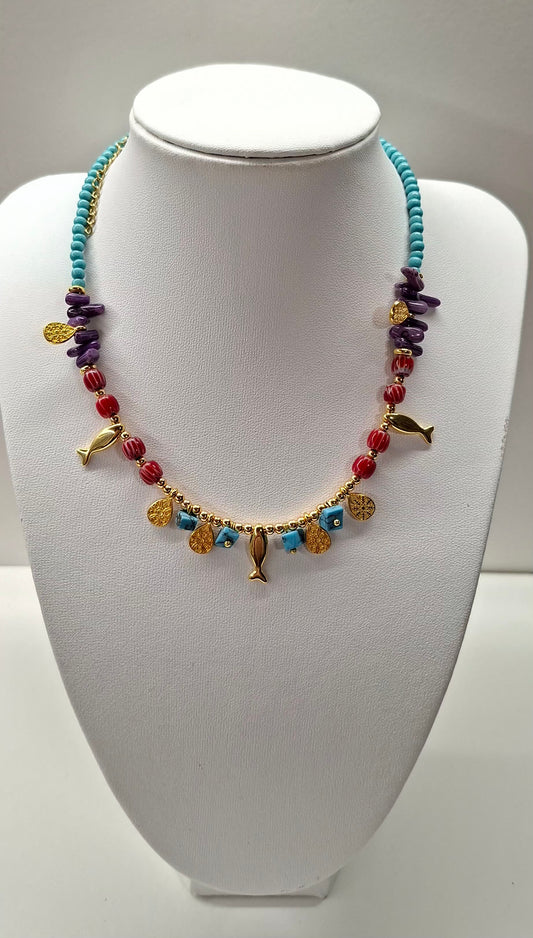 Gold Fish Charm Layering Necklace with Multi-Color Beaded Accents