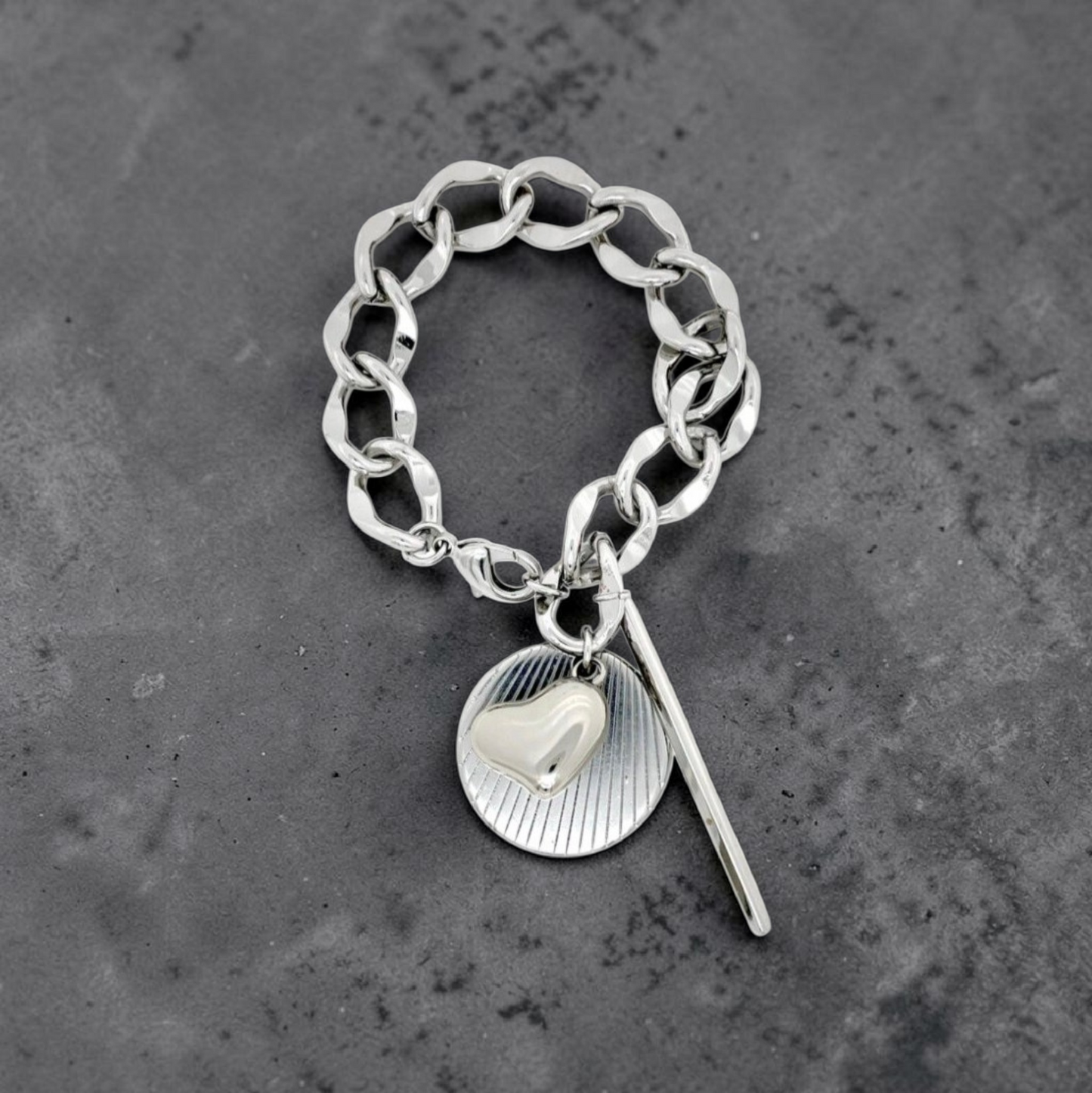 Chunky Silver Charm Chain Bracelet with Heart & Geometric Pendants