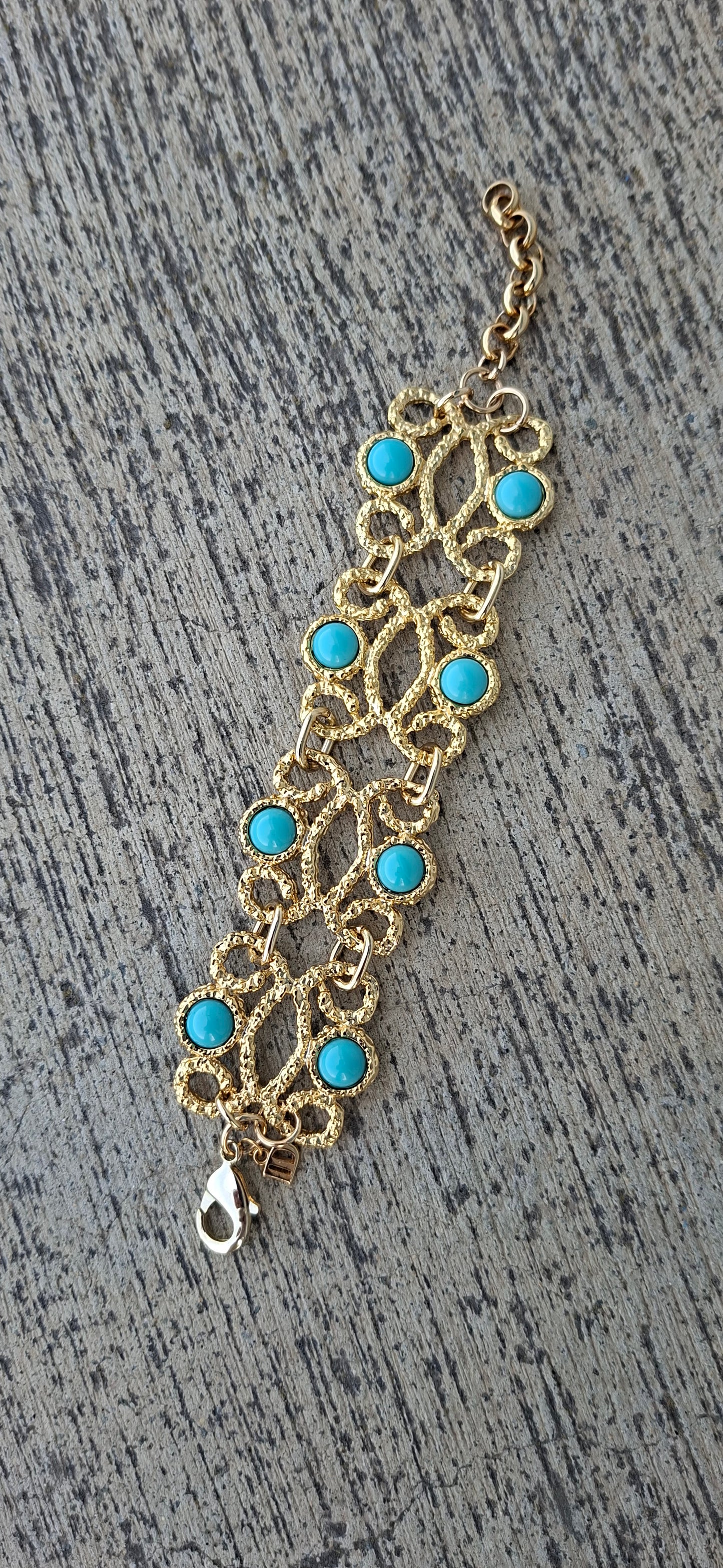Bohemian Gold-Tone Filigree Statement Bracelet with Turquoise Cabochons