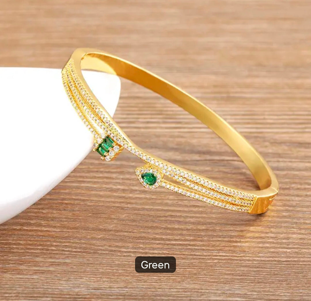 Geometric Bypass Pave Bangle with Emerald & Crystal Accents