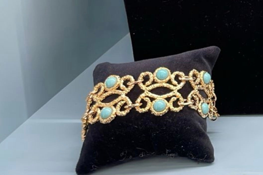 Bohemian Gold-Tone Filigree Statement Bracelet with Turquoise Cabochons