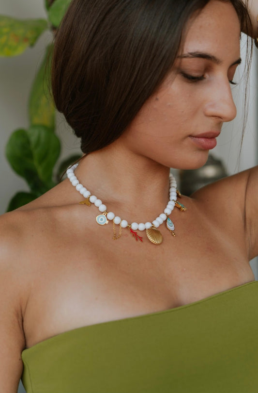 White Jade Beaded Charm Necklace – Stainless Steel Gold Seashell & Evil Eye