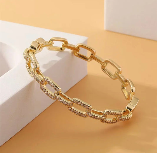 18K Gold Plated Zirconia Rectangular Link Chain Bangle