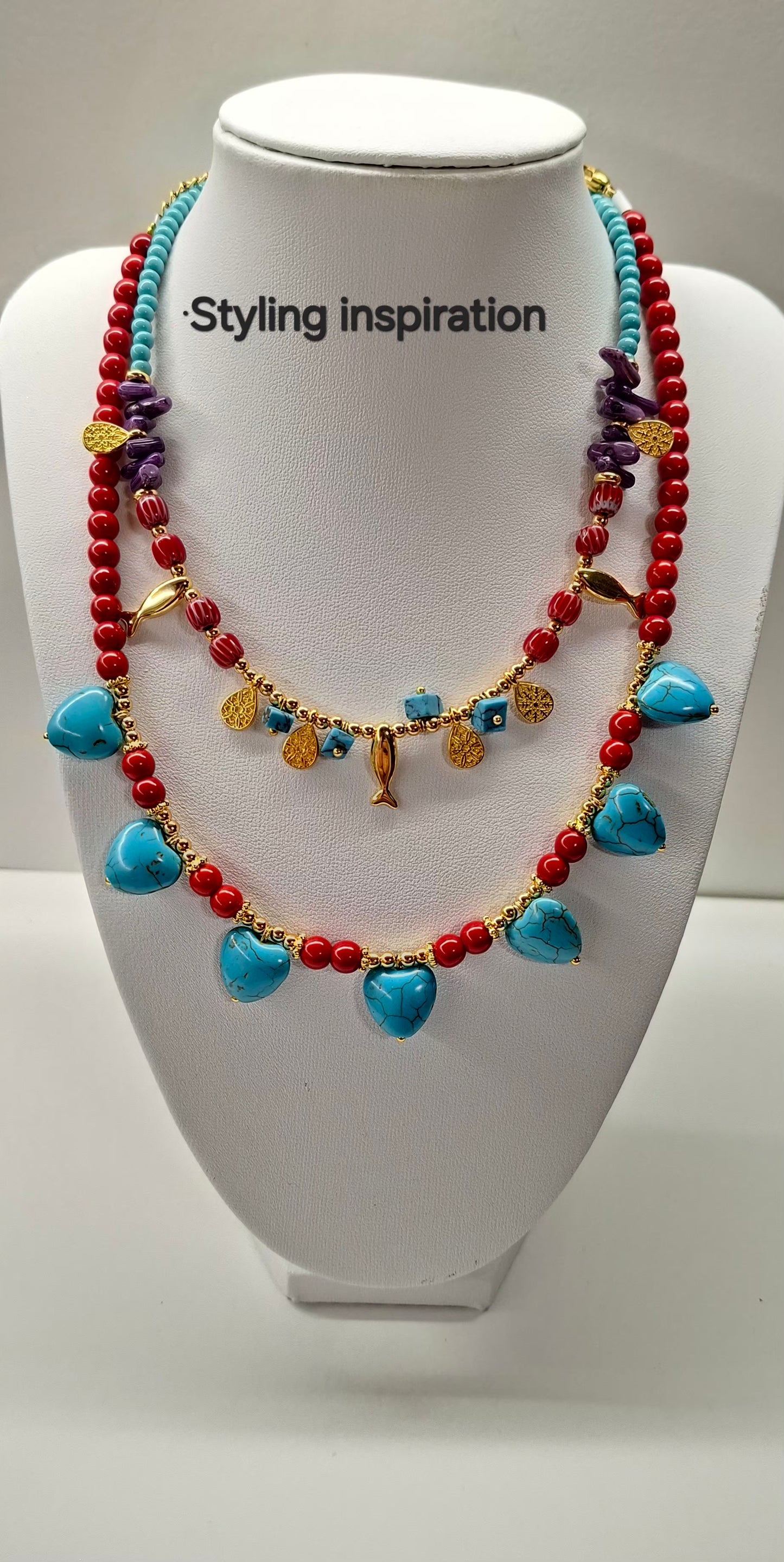 Gold Fish Charm Layering Necklace with Multi-Color Beaded Accents
