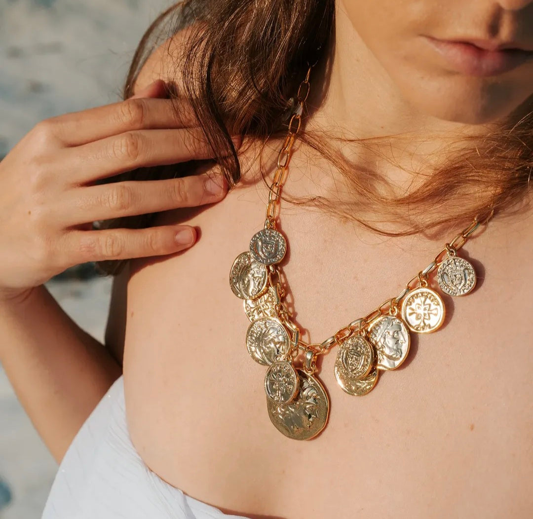 Inspired Roman Coin Statement Necklace in 24K Gold Plated